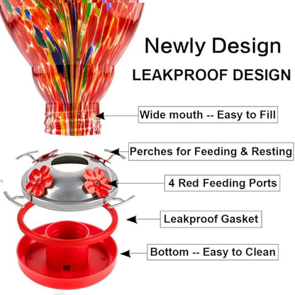 WOSIBO Hummingbird Feeder for Outdoors Patio Large 32 Ounces Colorful Hand Blown Glass Hummingbird Feeder with Ant Moat Hanging Hook, Rope, Brush and Service Card (RED-Firework)