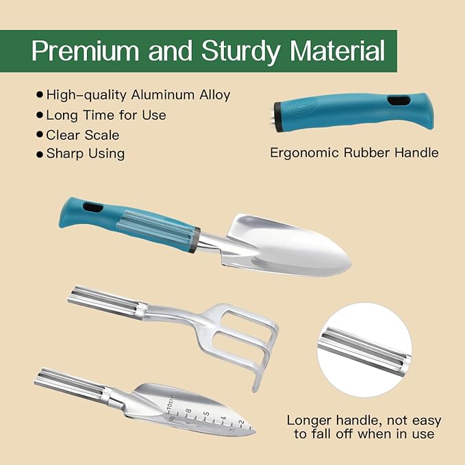Housolution Gardening Tools Set, 8PCS Heavy Duty Garden Tools with Non-Slip Rubber Grip with Large Garden Bag for Aluminum Alloy Hand Tools for Gardening,Gardening Gifts for Women and Men, Blue+Black