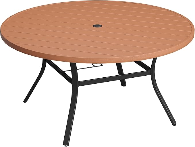 VICLLAX Outdoor Patio Round Dining Table, 56.3"x 56.3" Plastic Tabletop for Deck Lawn Garden Backyard, Walnut