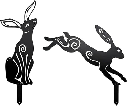Rustic Metal Bunny Garden Statues – Set of 2 Outdoor Moon Rabbit Decor with Swirling Motifs Bunny Garden Decor Outdoor Sculpture | Metal Easter Yard Art for Patio, Lawn & Easter Gifts