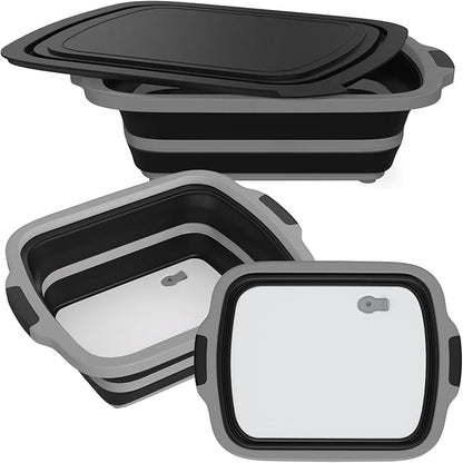 2-Pack XL Collapsible BBQ Prep Tub with Built-In Cutting Board, Lid & Strainer – Marinate, Drain & Prep – Large Food-Safe Container – Perfect for Grilling, Smoking & Outdoor Cooking (Black)