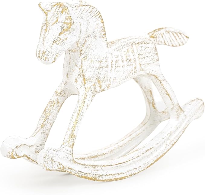 Sungmor Cast Iron Rocking Horse Statue, Home Office Desk Ornament, Vintage Collectible Figurine Decorative Paperweight, Rustic White Small Horse Nostalgia Christmas Decor