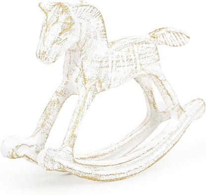 Sungmor Cast Iron Rocking Horse Statue, Home Office Desk Ornament, Vintage Collectible Figurine Decorative Paperweight, Rustic White Small Horse Nostalgia Christmas Decor
