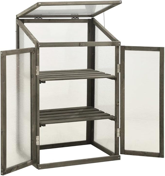 Wooden Garden Greenhouse，Wood Raised Plants Bed Raised Flower Planter Box, Garden Wood Cold Frame Greenhouse Flower Planter, Gray 23.6"x17.7"x39.4" Firwood,-681