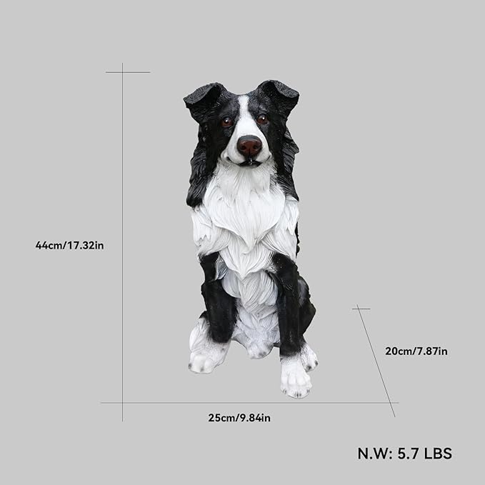 Border Collie Solar Welcome Statue, Hand-Painted Resin Sitting Dog Figurine with Lantern and Dual Wooden-Style Signs, Intelligent Guardian Sculpture for Garden and Porch Décor