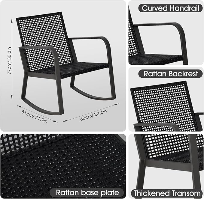 Bistro 3 Piece Patio Furniture Set, Patio Table and Rattan Outdoor Rocking Chairs Set of 2, Outdoor Bistro Conversation Set for Garden, Balcony, Poolside, Backyard, Khaki