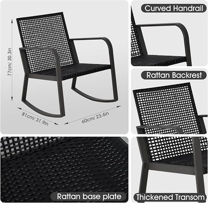 Bistro 3 Piece Patio Furniture Set, Patio Table and Rattan Outdoor Rocking Chairs Set of 2, Outdoor Bistro Conversation Set for Garden, Balcony, Poolside, Backyard, Khaki