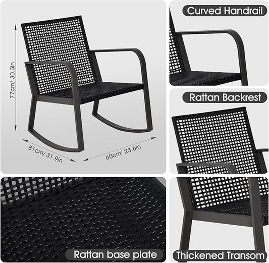 Bistro 3 Piece Patio Furniture Set, Patio Table and Rattan Outdoor Rocking Chairs Set of 2, Outdoor Bistro Conversation Set for Garden, Balcony, Poolside, Backyard, Khaki