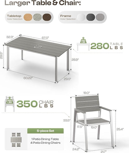 67" Rectangle HDPS Patio Dining Table, Aluminum Outdoor Patio Dining Table with Umbrella Hole, Weather-Resistant for Lawn, Garden, Yard, Poolside and Indoor Use, Silver & Gray
