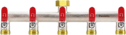 5 Way Garden Hose Splitter, Heavy Duty Brass Nickel Plated Rust Resistant Faucet Manifold, 3/4" Frost Resistant Outdoor Hose Adapter Connector，Hose Spigot Adapter with 5 large red handles