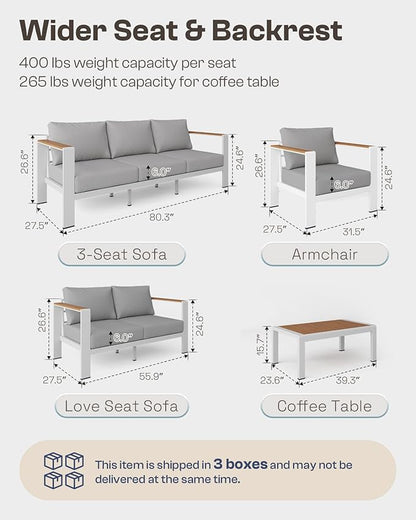 Aluminum Outdoor Patio Furniture, 3 Seats All-Weather Outdoor Patio Sofa with Washable Thick Cushion, Patio Sofa Couch for Porch, Balcony, Deck, Yard, White