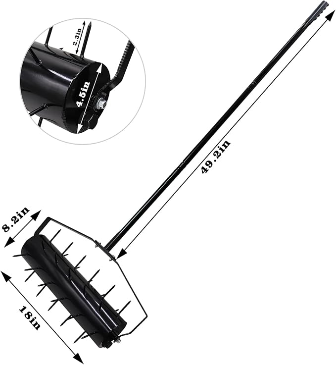 18 Inch Heavy Duty Rolling Lawn Aerator, Adjustable Weight Manual Roller Lawn Aerator Tool with Pre-Welded Spike, Hand Roller Soil Aerator for Garden Yard Lawn Grass Care with 49 Inch Steel Handle