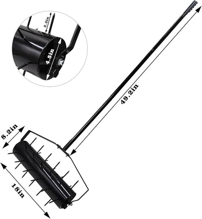 18 Inch Heavy Duty Rolling Lawn Aerator, Adjustable Weight Manual Roller Lawn Aerator Tool with Pre-Welded Spike, Hand Roller Soil Aerator for Garden Yard Lawn Grass Care with 49 Inch Steel Handle