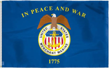 AGAS Large United States Merchant Marines Flag 5x8 Ft - Printed 200D Nylon Canvas Header Two Brass Grommets Big USA Merchant Marines Flag