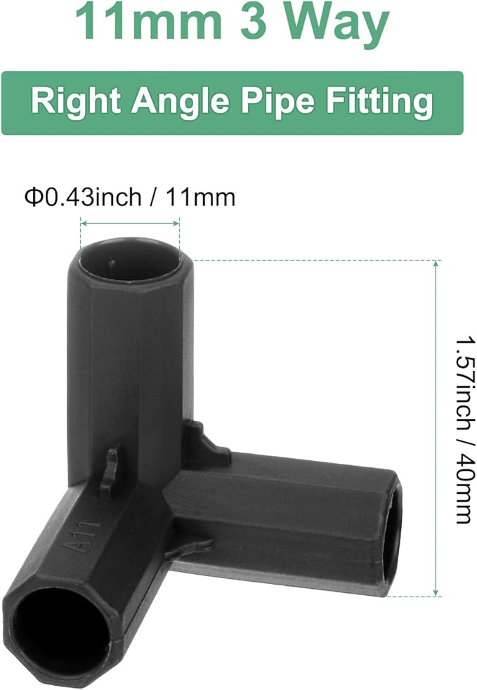 12 Pcs 11mm Greenhouse Frame Building Connectors, 3 Way Right Angle Pipe Fitting for Grape Trellis/Sunscreen Shed/Gardening Plant Stakes, Greenhouse Accessories [Black]