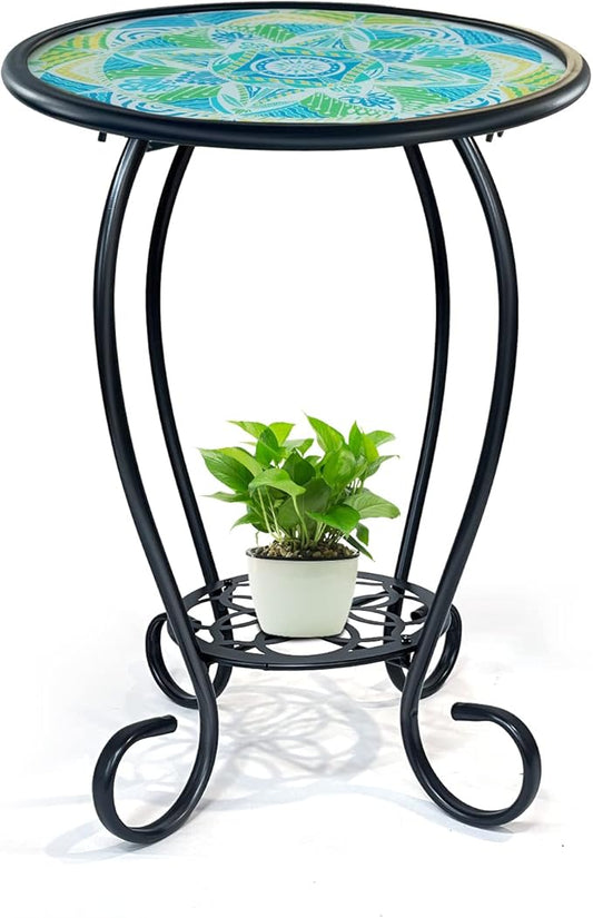 HONGLAND Mosaic Outdoor Side Table, 14" Round Patio Side Table, Mosaic Plant Stand, End Table W/Storage Shelf, Small Bistro Coffee Table for Garden Yard Porch Living Room(Green)