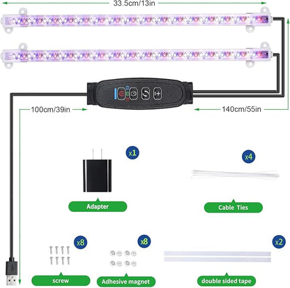 Two Strip Growing Lamp for Indoor Plants, Red & Blue & Yellow Full Spectrum LED Grow Light Strips with Auto ON/Off 3/9/12H Timer,10 Dimmable Levels for Green House Succulent (2 Head 13 in)