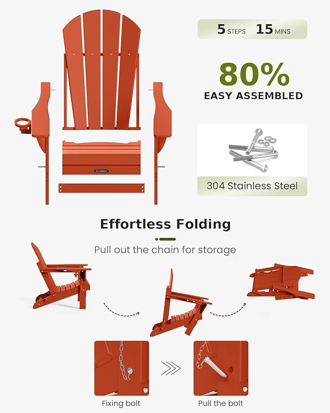 MUCHENGHY Folding Adirondack Chairs, Patio Chairs, Lawn Chairs, Outdoor Chair, Adirondack Chair Plastic, Fire Pit, Weather Resistant with Cup Holder for Deck, Backyard, Garden(Orange)