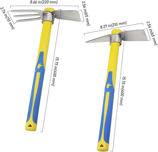 2 PCS Garden Hoe Tools, Stainless Steel Cultivator Hand Tiller and Hand Pick Axe with Fiberglass Handle, Pick Mattock Hoe for Planting Digging Weeding Gardening