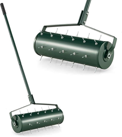 Goplus Rolling Lawn Aerator, 21-Inch Garden Yard Rotary Push Tine Filled Sand Stone, Heavy Duty Spike Soil Aeration w/Metal Handle, Fillable Drum 51" Manual Lawn Aeration Tool Garden Grass Patio Yard