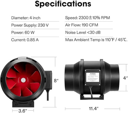 VIVOSUN R4 4 Inch 190 CFM Inline Duct Ventilation Fan with Variable Speed Controller for Grow Tent