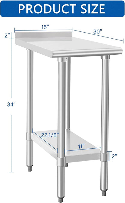 HARDURA Stainless Steel Commercial Work Table Prep Work Metal Table 30×15 Inches with Undershelf and 2" Backsplash Heavy Duty NSF 430 for Kitchen Food Prep