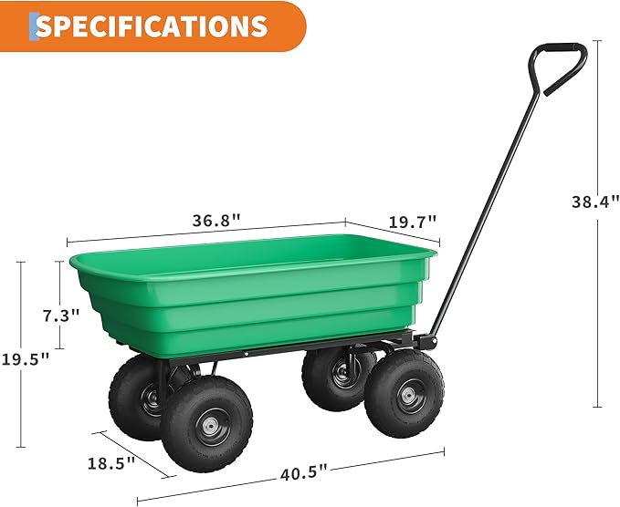Garden Dump Cart - 600Lb Capacity Heavy Duty Yard Utility Garden Cart with Removable Dump Bed, All-Terrain Tires & 180° Adjustable Handle for Soil, Plants, Tools