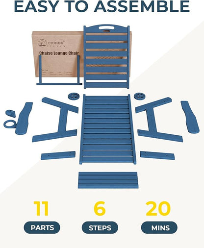 Lounge Chair Outdoor, Oversized Chaise Lounge Chair with 5 Positions, HDPE, Patio Lounge Chair with Wheels & Cup Holder for Pool, Deck, Poolside, Azure Blue