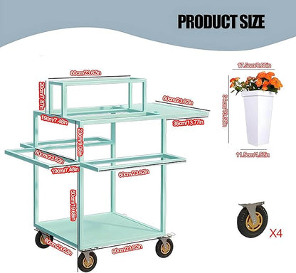 Metal Garden Cart Plant Stand with 18pcs Buckets and parasols, Slide Out Rolling Flower Display Rack, for Florist, Patio Garden, Weddings Party, Business Market (green)