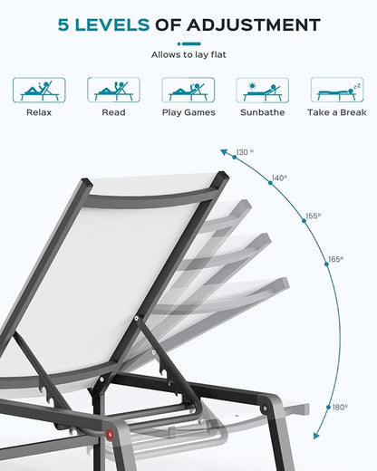 Patio Chaise Lounge Chair, Foldable Lounge Chair for Outside, Aluminum Chairs Set of 2 with 5 Adjustable Backrest, Outdoor Pool Lounger for Poolside, Lawn, Deck, White