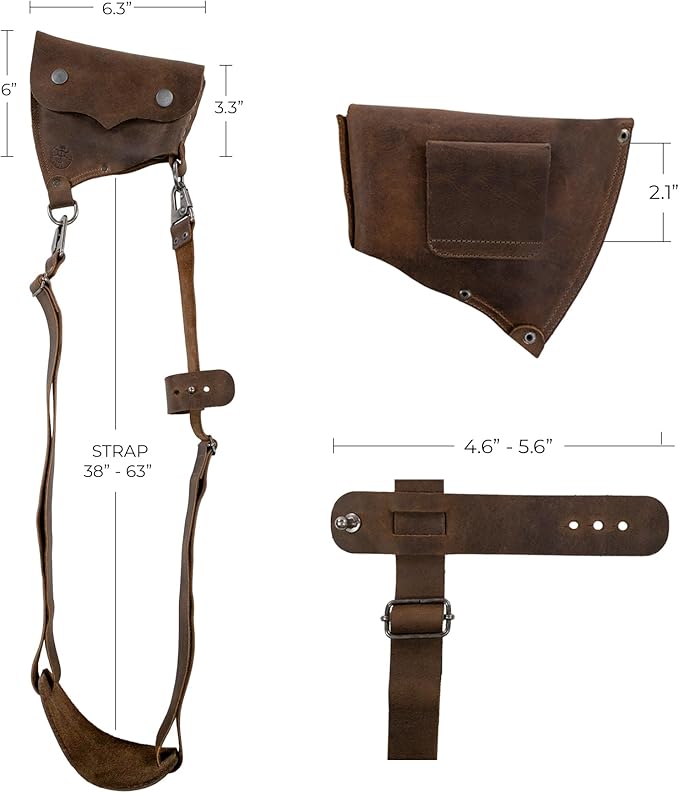 Axe Head Sheath with Shoulder Strap, Convertible Edge Protector, Riveted Carrier for Lumberjacks, Accessory for Tools, Home Improvement, Full Grain Leather, Handmade, Bourbon Brown