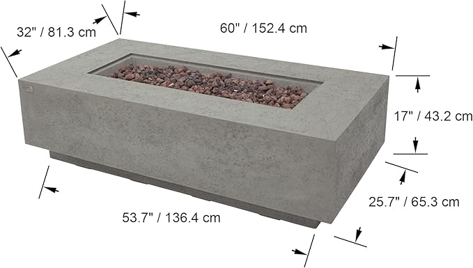 AMS Creations | Madison 60" Bundle Rectangular Propane Gas Outdoor Fire Pit Table | Light Gray Concrete GFRC | Limestone Texture or Surface | Electronic Ignition | Outside Backyard Fireplace