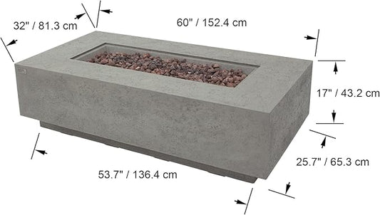 AMS Creations | Madison 60" Bundle Rectangular Natural Gas Outdoor Fire Pit Table | Light Gray Concrete GFRC | Limestone Texture or Surface | Electronic Ignition | Outside Backyard Fireplace