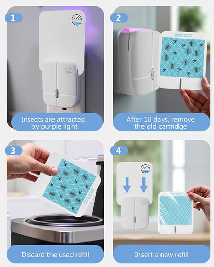 Flying Insect Trap, Plug-in Fruit Fly Trap, （1 Device +5 Glue Cards） Indoor Gnat Traps, 400 Sqft Protection Area, Suitable for Gnat, Moth, and Mosquito, and Can Used in Every Corner of Home