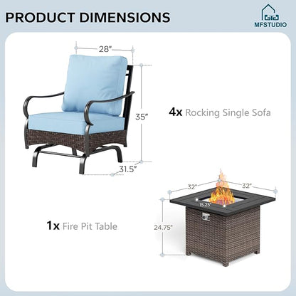 MFSTUDIO 5 Pieces Outdoor Patio Furniture Set, Metal Outdoor Conversation Sofa, Rattan Wicker Patio Sectional Sofa Set with 4 x Rocking Single Sofa, 1 x Fire Pit Table, Blue