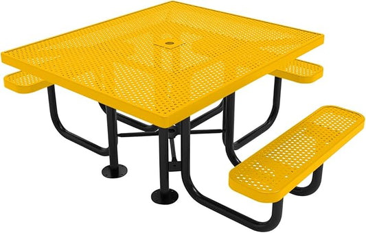COATEDOUTDOORFURNITURE Heavy-Duty Portable ADA-Compliant Outdoor Picnic Table with Umbrella Hole, Punched Steel Patio Dining Furniture Made in America (46" Square Top, Yellow)