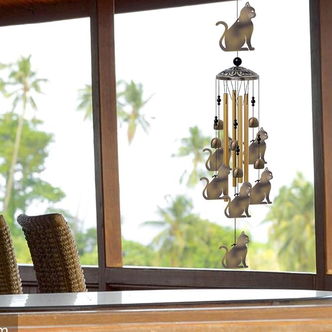 Garden Cat Wind Chimes Outdoor Indoor Decor - with 4 Tubes 7 Cats Wind Chime, Mobile Romantic Cats Wind Catcher, Bronze Cats Wind Bells for Home, Mom Gifts, Balcony, Tree, Festival, Garden Decoration