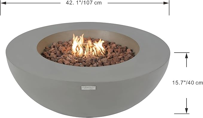 Elementi | Bundle Lunar Gas Fire Pit Cast Concrete 42" Round Fire Table, Outdoor Fire Pit Electronic Ignition | Canvas Cover, Lava Rock Included | Light Gray (Natural Gas)