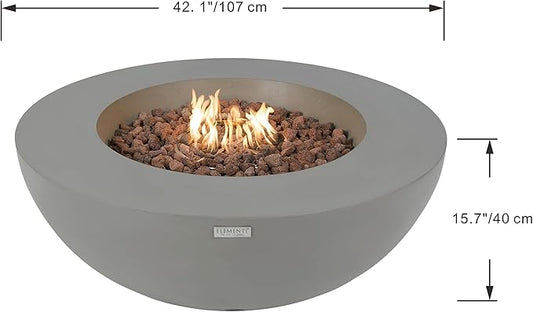 Elementi | Bundle Lunar Gas Fire Pit Cast Concrete 42" Round Fire Table, Outdoor Fire Pit Electronic Ignition | Canvas Cover, Lava Rock Included | Light Gray (Propane Gas)