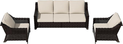 Vista Vibe 3 Pieces Outdoor Patio Conversation Furniture Set - 78" 3-seat Sofa | 2 Wicker Chairs, Deep Seat Loveseat, Removable Cushions, Hand-Woven PE Rattan Couch, Balcony (Brown/Beige)