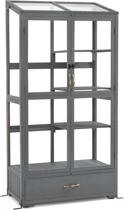 Macrout Cold Frame Greenhouse, Tall Wooden Greenhouse for Outdoor Indoor Use with Polycarbonate Panels, 3 Tier Garden Cold Frame with Drawer and Shelves, 0864 (Dark Grey)