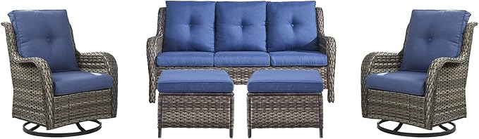 Rilyson 5 Piece Outdoor Patio Furniture Set - Rattan Wicker Patio Conversation Sets with 2 Swivel Rocker Chairs,2 Ottomans and 1 Sofa for Outside Porch Deck Backyard(Mixed Grey/Blue)