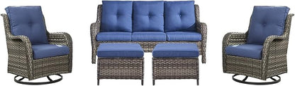 Rilyson 5 Piece Outdoor Patio Furniture Set - Rattan Wicker Patio Conversation Sets with 2 Swivel Rocker Chairs,2 Ottomans and 1 Sofa for Outside Porch Deck Backyard(Mixed Grey/Blue)