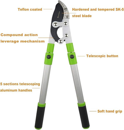 Heavy Duty Anvil & Bypass Lopper with Telescopic Handle (26-41 Inch) - 5-Layer Adjustable Garden Pruner, 2-Inch Branch Cutter for Tree Trimming