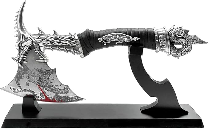 14.5" Fantasy Dragon Axe Wtih Wood Stand, Gift for Xmas, Home Tabletop Decoration