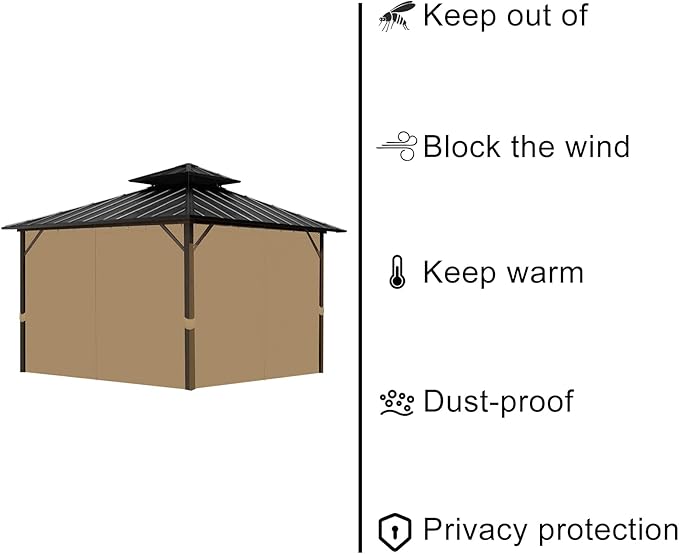 Gazebo Universal Replacement Privacy Curtain, 10'X10' Gazebo Curtain Outdoor Waterproof, 4-Panels Sidewall Curtains with Zipper for Patio, Garden and Backyard (Only Curtains, 10'x10', Brown)