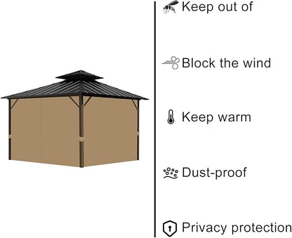 Gazebo Universal Replacement Privacy Curtain, 10'X10' Gazebo Curtain Outdoor Waterproof, 4-Panels Sidewall Curtains with Zipper for Patio, Garden and Backyard (Only Curtains, 10'x10', Brown)