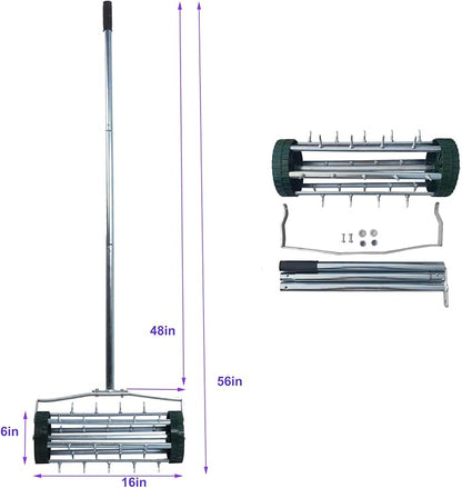 Heavy Duty Rolling Lawn Aerator, Rotary Push Tine Spike Aerator with 1.4-Inch Spikes, 57-Inch Steel Handle, Garden Yard Grass Maintenance Manual Aerator Tool for Improved Soil Aeration Silver