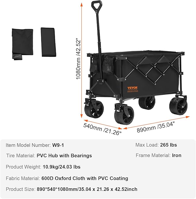 VEVOR 350LBS Collapsible Folding Outdoor Utility Wagon, 150L Heavy Duty Foldable Wagon Cart for Grocery Camping, Portable Utility Beach Wagon with Big Wheels for Garden Sports 35 x 21.3 x 42.5 in