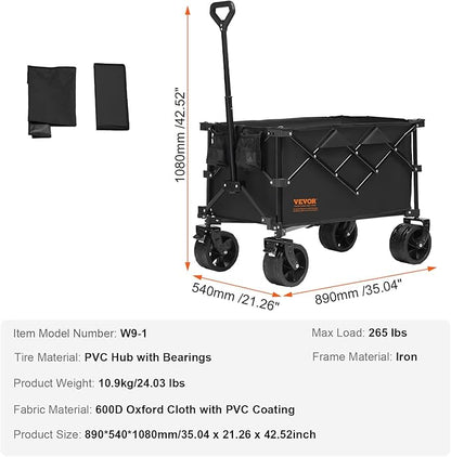 VEVOR 350LBS Collapsible Folding Outdoor Utility Wagon, 150L Heavy Duty Foldable Wagon Cart for Grocery Camping, Portable Utility Beach Wagon with Big Wheels for Garden Sports 35 x 21.3 x 42.5 in